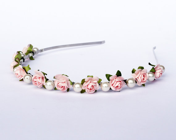 Hochzeit - Pale Pink Rose and Ivory pearl Alice band, Rose and pearl headband, wedding headband, bridal headdress, bridesmaid floral headband