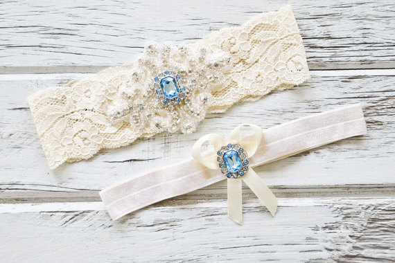 Mariage - Blue Topaz Ivory White Lace Bridal Garter Belt Wedding Set Keepsake Toss Shower Gift Rustic Beach Spring