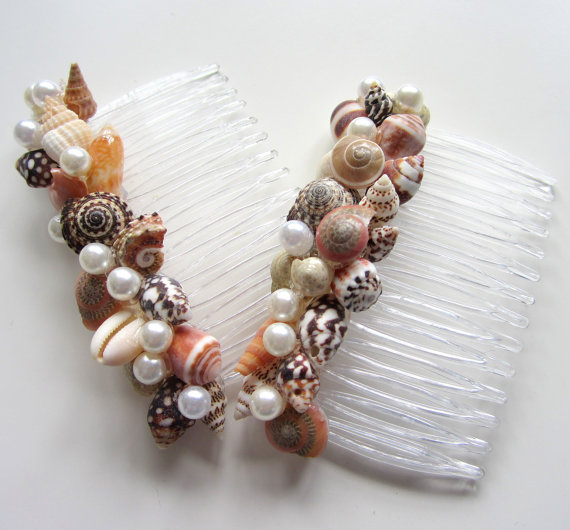 زفاف - Beach Wedding Seashell Hair Combs - Nautical Shell Hair Accessories for the Bride, 2pc Combs