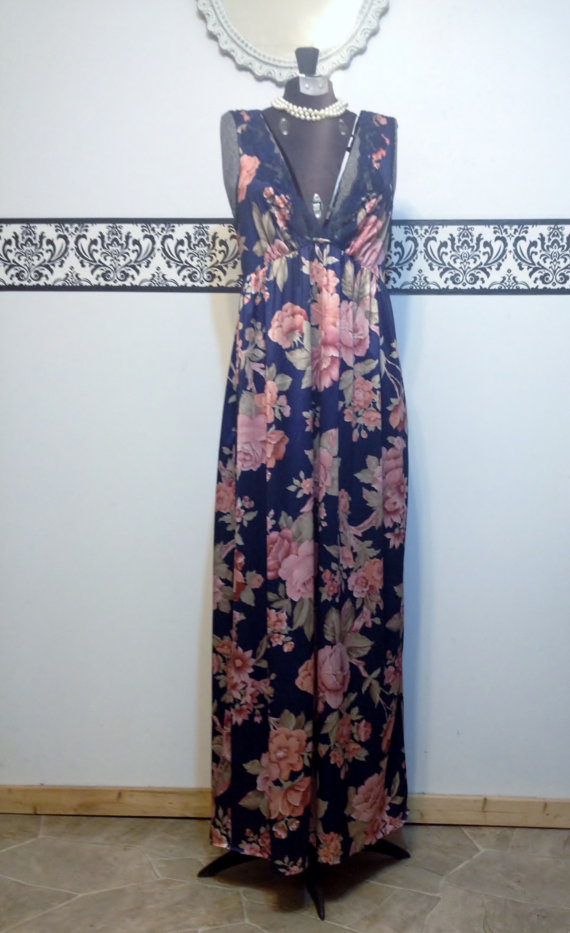 زفاف - 1960's Floral Lorraine Floor Length Bombshell Nightgown, Size Small, Vintage 60's Wedding Teddy,  1950's Bridal Lingerie, Empire Negligee