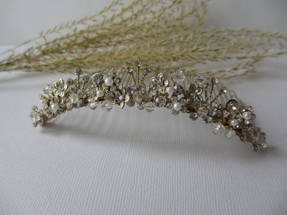 Mariage - Curved Floral Clear Crystal Pearl Hair Comb - Veils, Veil Comb, Golden or Brushed Silver, Wedding Hair Accessories, Hair Comb, Wedding Tiara