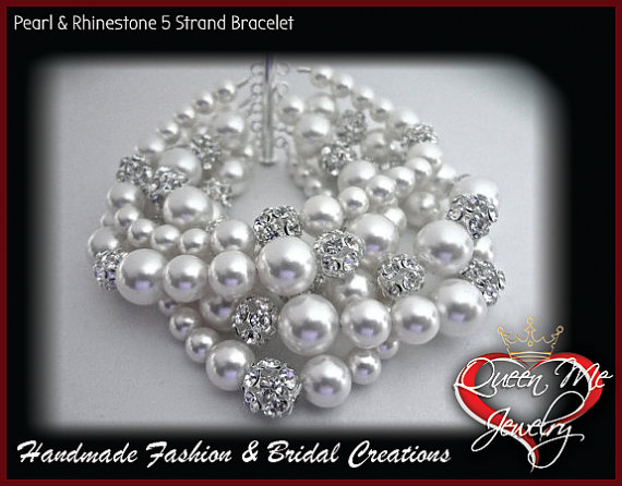 Mariage - Pearl cuff Bracelet ~ Swarovski rhinestone and pearls ~ 5 Strand ~ Statement Bracelet ~ Elegant ~ Bridal Jewelry ~ Brides Bracelet ~Stunning
