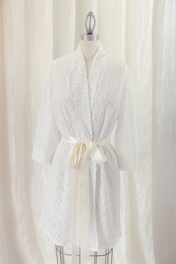 Mariage - Ready to Ship -Light Ivory Lace Bridal Robe, Lingerie, Getting Ready, Bridal Gift,  Honeymoon, Lace Kimono, Wedding Gift, I do, White Lace