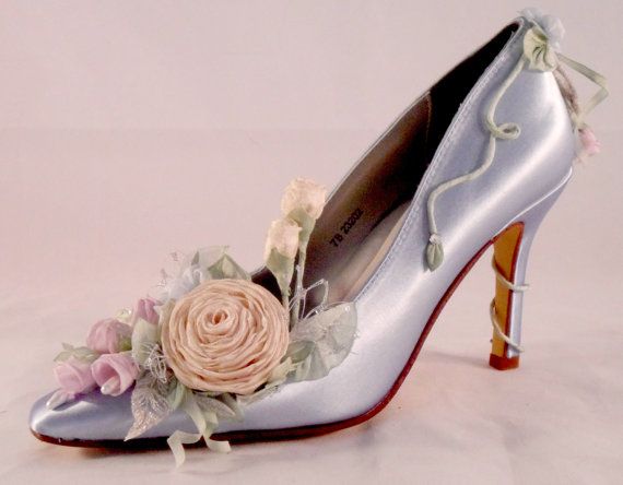 Mariage - Blue Fairy Princess Silver And Blue Rosebud Bridal Heel, Couture Bridal Shoe, Fairytale Wedding Shoes, Garden Wedding Faerie Shoes