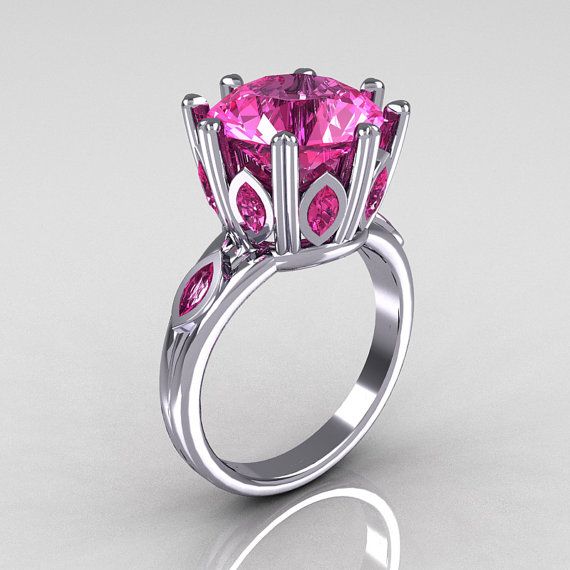 زفاف - Classic 10K White Gold Marquise And 5.0 CT Round Pink Sapphire Solitaire Ring R160-10KWGPSS
