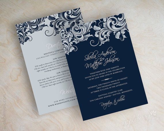 Hochzeit - Wedding Invitations, Victorian Filigree Pattern Design Wedding Stationery In Navy Blue, Silver And White, Jora