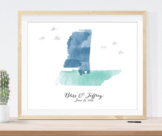 Wedding - Watercolor Map Wedding Sign, Custom Guest Book Alternative With Your City And States