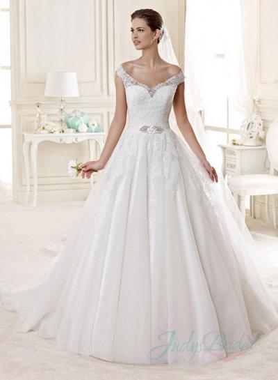 Hochzeit - JW15147 Portrait off shoulder lace princess ball gown wedding dress