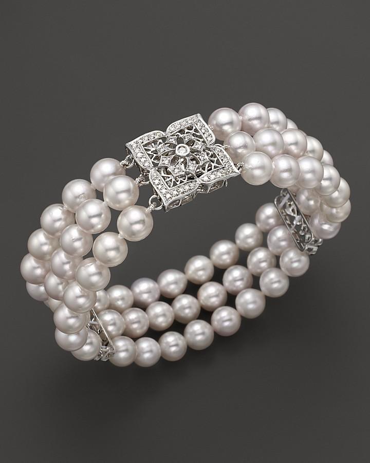 Wedding - Cultured Freshwater Pearl And Diamond Bracelet in 14 Kt. Gold, 6.5-7 mm