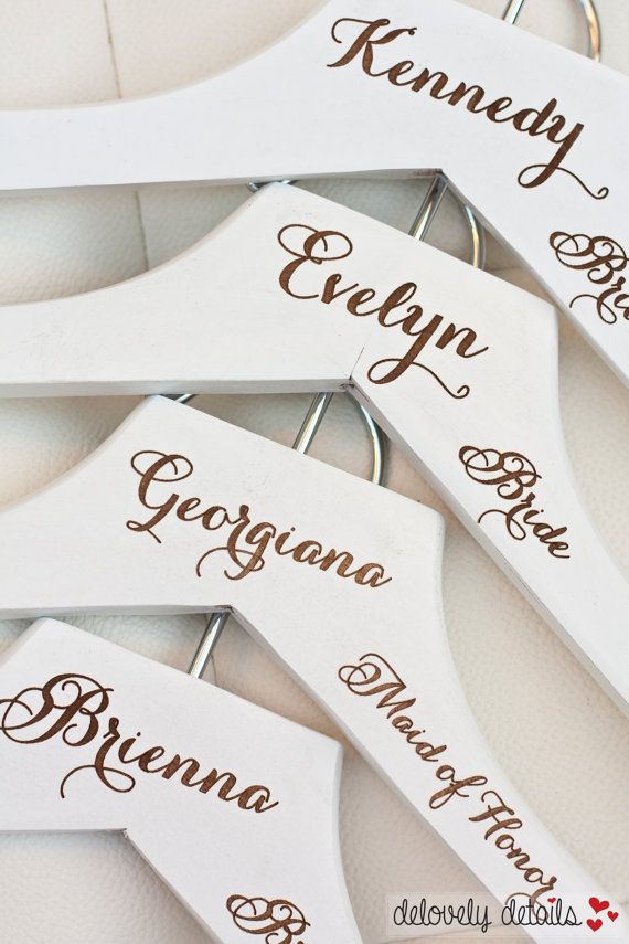 Hochzeit - 3 - Personalized White Wedding Dress Hangers With Wedding Party Title Arm Inscription - Engraved Wood