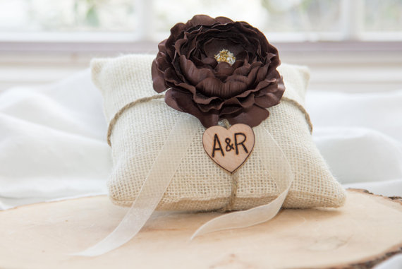 زفاف - Brown ranunculus flower burlap personalized ring bearer pillow  shabby chic with engraved heart  initials... many more colors available