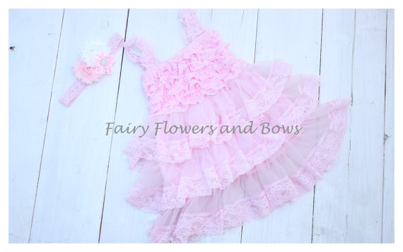 Wedding - Pink  Rustic Lace Chiffon Dress With Matching Headband.......Flower Girl Dress, Wedding Dress, Baptism Dress  (Infant, Toddler, Child)
