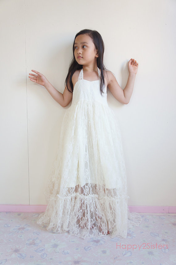 Mariage - Lace Flower girl dress, Gilrs maxi dress, Rustic flower girl dress, Boho flower girl dress, Off White flower girl dress, Destination Wedding