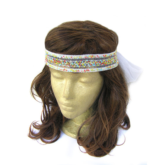 Wedding - Boho Wedding Headpiece, Beaded Headband, Bohemian Bridal Wedding Headband, Native Headband, Bohemian Bead Headband with Tulle Tie Ribbon