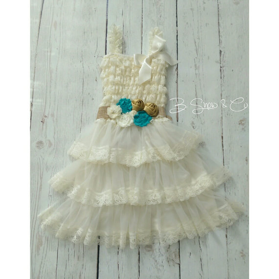 Wedding - Lace Flower Girl Dress, Rustic Flower Girl Dress, Vintage Baby Dress, Beach Country Flower Girl Dress, Vintage Petti Lace Dress, Ivory Dress