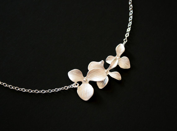 Wedding - Triple Orchid Necklace - Sterling Silver wedding bridal jewelry, brides bridesmaid gift, flower girl necklace