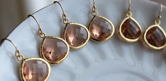 Wedding - 10% OFF SET OF 4 Wedding Jewelry Large Champagne Blush Earrings Gold Peach Pink - Wedding Earrings Bridal Earrings Bridesmaid Earrings