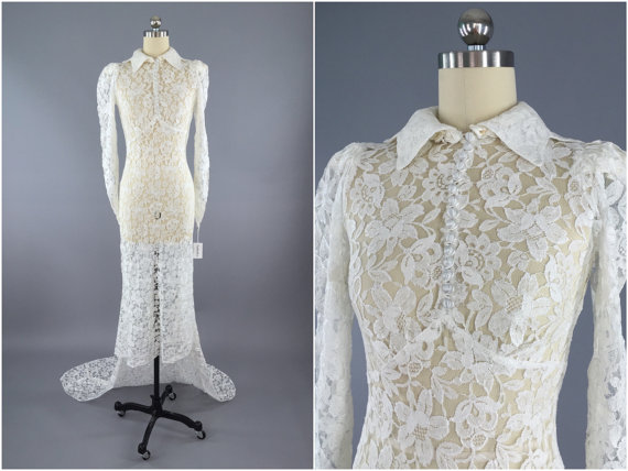 زفاف - Vintage 1930s Wedding Dress, Bias Cut 30s Ivory Lace Gown, Size XXS 0 Petite