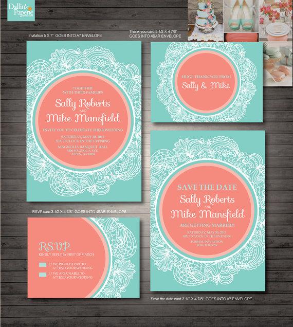 Wedding - Coral and Mint Green Wedding Printables, Customized Wedding Invitation, RSVP, Thank you card, Save the date