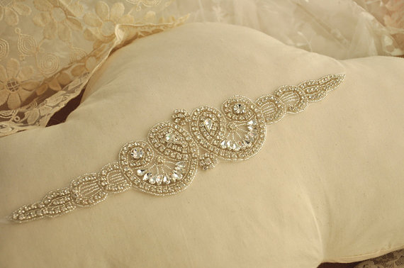 Свадьба - Bridal Rhinestone Applique, Beaded Wedding Gown Applique for Bridal Sash, Wedding Gown Belt