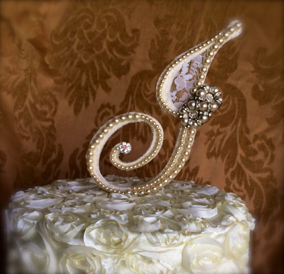 Wedding - custom monogram pearl cake topper  cake topper with brooch bling  cake toppers  unique wedding ideas wedding vintage wedding cake topper