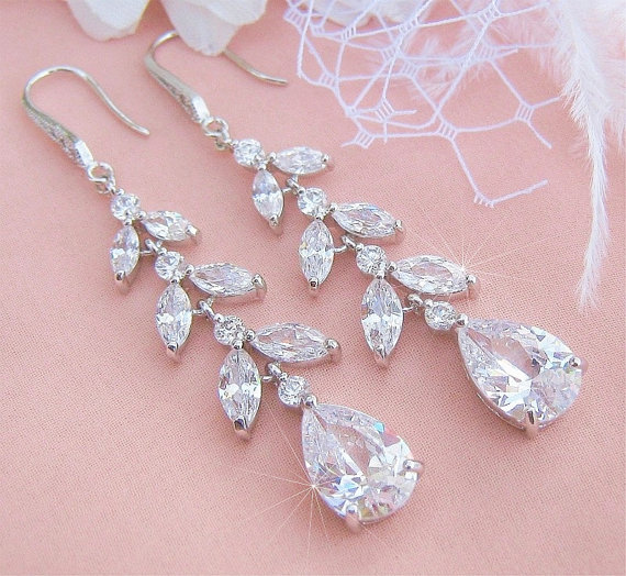Wedding - Stunning Long Bridal Earrings Crystal Bridal Earrings Bridal Jewelry CZ Dangle Earrings Bridal Earings Bridal Accessories