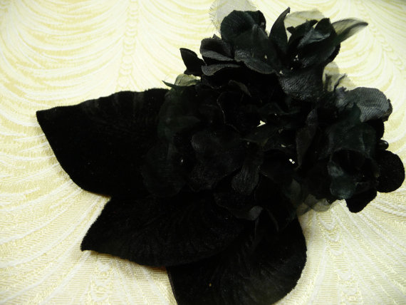 Wedding - Black Velvet and Organdy Flowers Millinery Hydrangea Bouquet Shabby Chic Violets for Hats Crafts Weddings