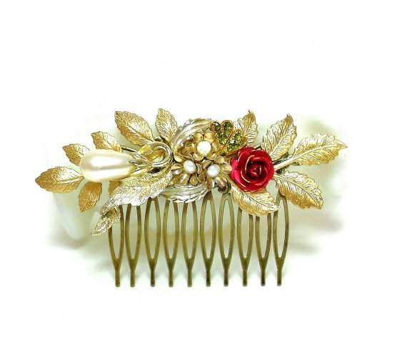 زفاف - Jeweled Hair Comb, Gold Leaf Hair Comb, Reclaimed Vintage, Pearl Hair Comb, Floral Hair Comb, Assemblage Jewelry, Bridal Hair Comb, Woodland