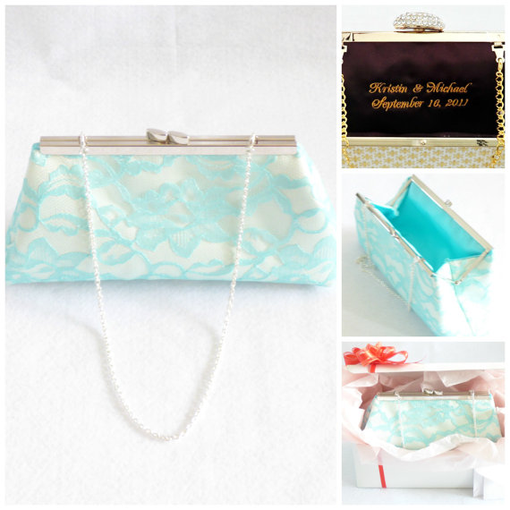 Wedding - Bridesmaid Gift Clutch, Aqua Blue And Ivory Bridal Clutch, Mother Of The Bride Gift, Wedding Clutch, Bridal Shower Gift, Gifts For Her
