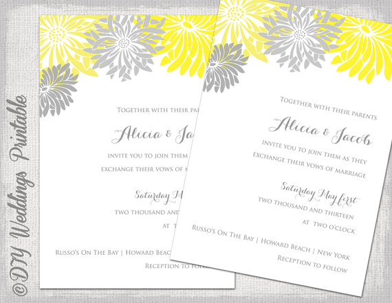 زفاف - Wedding invitation template yellow & gray DIY summer wedding invitations "Flower Burst" Gerber Daisy digital printable YOU EDIT download