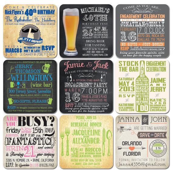 Hochzeit - Custom Coasters - Party Invitations - Optional Craft Paper Envelopes & Matching Sealing Stickers -  Stock the bar engagement couple shower