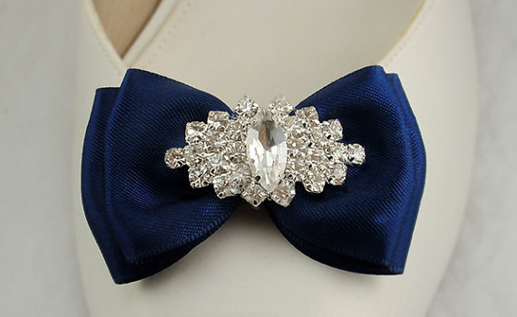 زفاف - Set of 2 Shoe Clips in Navy Blue Bow  with Sparkly Rhinestone Crystal Clear Wedding Shoe clips Bridal Shoe Clips