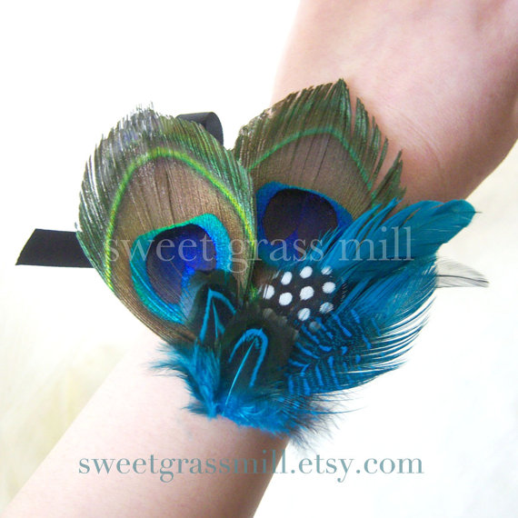 Hochzeit - Peacock Corsage - AVEC MER - Peacock Teal Turquoise Polka Dot Feathers - Choose Brooch Corsage Headband