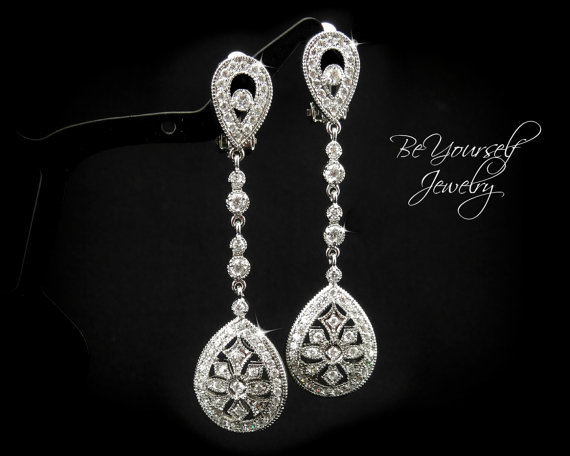 زفاف - CLIP ON Bridal Earrings Vintage Cubic Zirconia Teardrop Earrings Sparkly White Crystal Silver Hypoallergenic Bridesmaid Gift Wedding Jewelry
