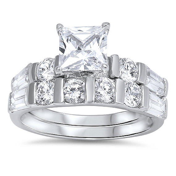 زفاف - 2.54 Carat Princess Cut Baguette Round Clear Crystal Russian Diamond CZ Wedding Engagement Bridal Ring Matching Band Set 925 Sterling Silver