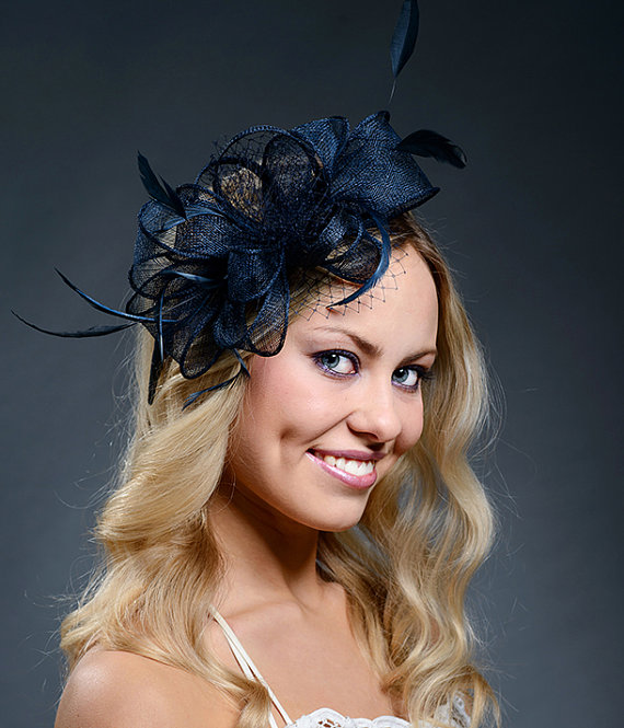 Hochzeit - Navy large couture wedding fascinator with feathers and veiling, gorgeous Ascot Derby large navy fascinator