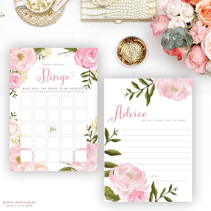 Hochzeit - Printable Romantic Floral Bridal Shower Games Set. Bingo, He Said She Said, Mad Libs, & Advice Cards - INSTANT DOWNLOAD