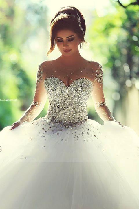 Mariage - Luxury Bling 2015 Wedding Dresses Sheer Illusion Tulle Train Crew Neck Long Sleeves Beads Crystal Lace-up A-Line Bridal Gowns Ball Custom Online with $153.98/Piece on Hjklp88's Store 