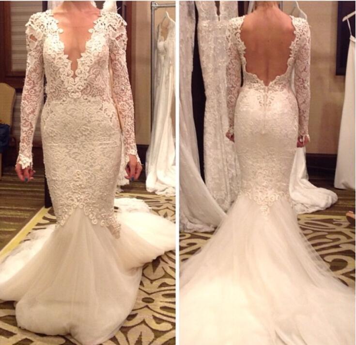 Wedding - Fashionable Vestido De Novia Wedding Dresses Sexy V Neck Backless Applique Real Image Lace Long Sleeve Sheer Open Back Bridal Dresses Gowns Online with $129.95/Piece on Hjklp88's Store 