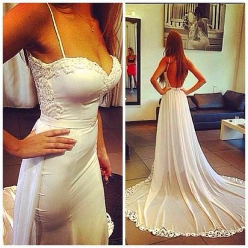 Mariage - 2015 Beach Sheath Wedding Dresses Spaghetti Backless Spring Cheap Garden Lace Applique Chiffon Bridal Gowns Cheap Garden Sexy Sweep Train Online with $124.61/Piece on Hjklp88's Store 