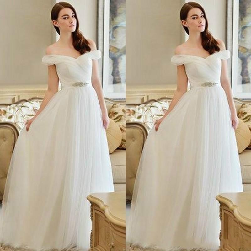 Hochzeit - Elegant 2015 Sexy Wedding Dresses Off Shoulder Beads Sash Sweep Train Garden Cheap Pleats White Tulle A-Line Bridal Dresses Ball Gowns Online with $120.16/Piece on Hjklp88's Store 