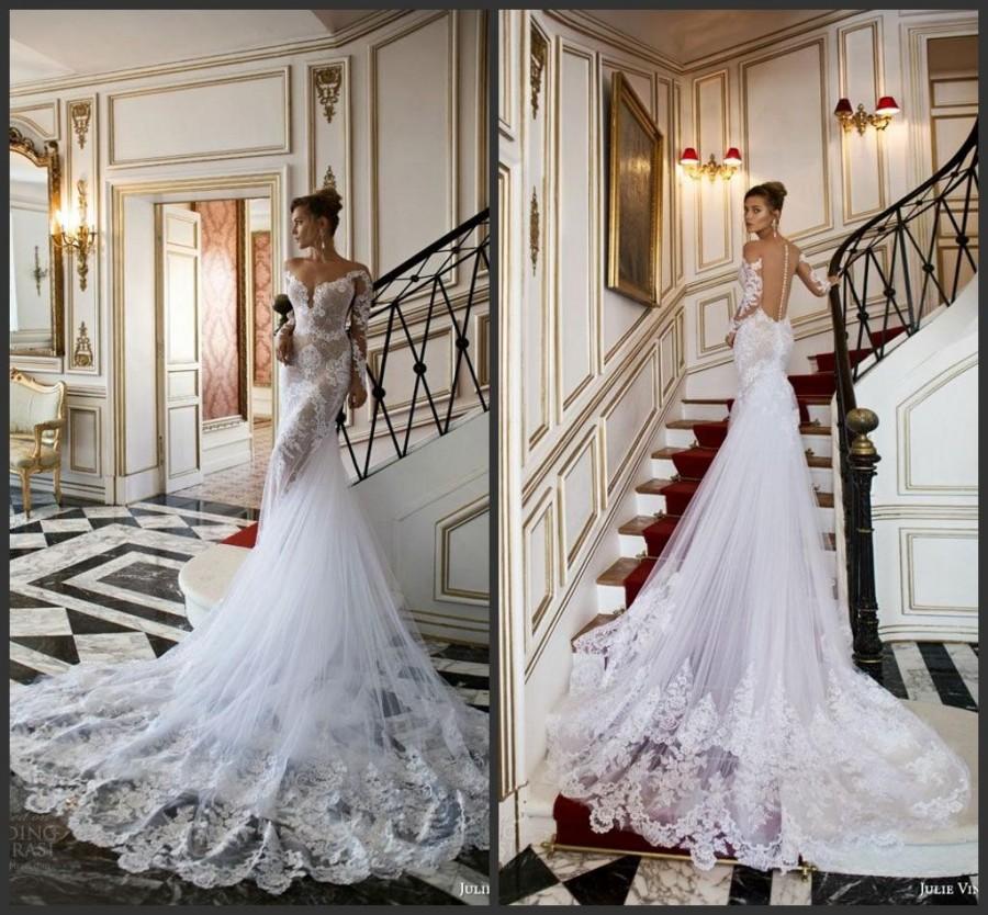 Wedding - 2015 Julie Vino Mermaid Wedding Dresses Sexy Sheer V-Neck Applique Illusion Back Long Sleeves Bridal Dress Gowns Tulle Sweep Train Cheap Online with $134.4/Piece on Hjklp88's Store 