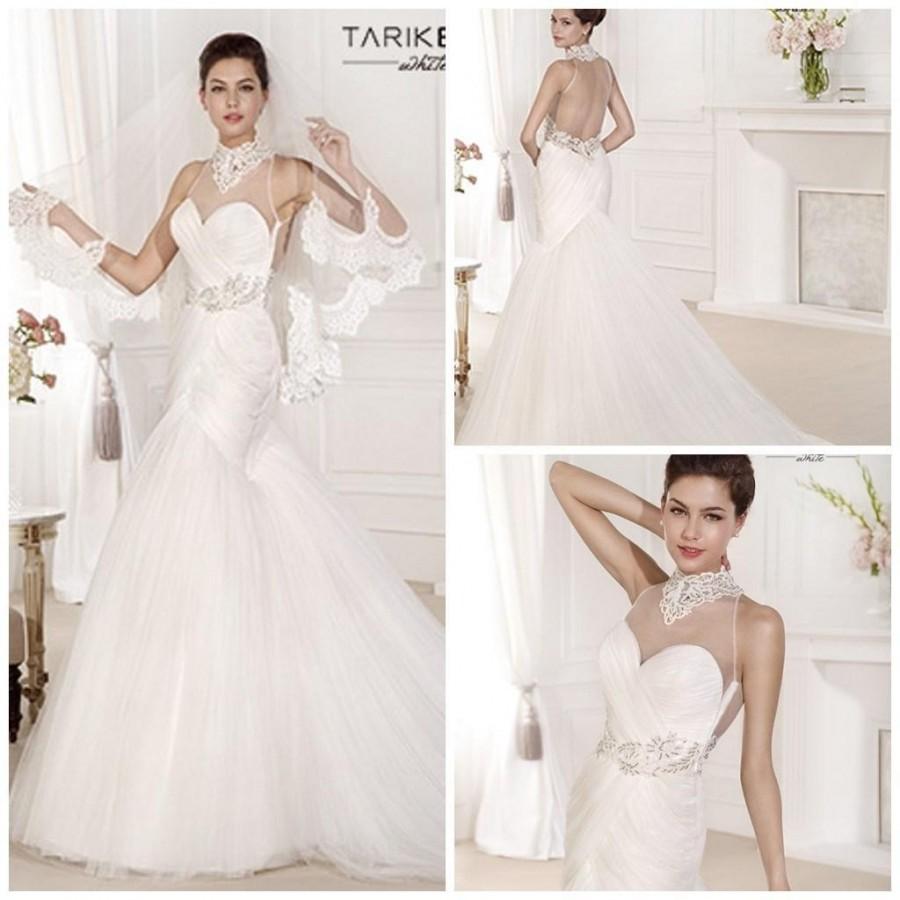 Mariage - Mermaid Wedding Dresses 2015 Tarik Ediz White Tulle Sheer High Neck Hollow Sweep Train Beaded Sequins Applique Draped Bridal Dress Gowns Online with $130.84/Piece on Hjklp88's Store 