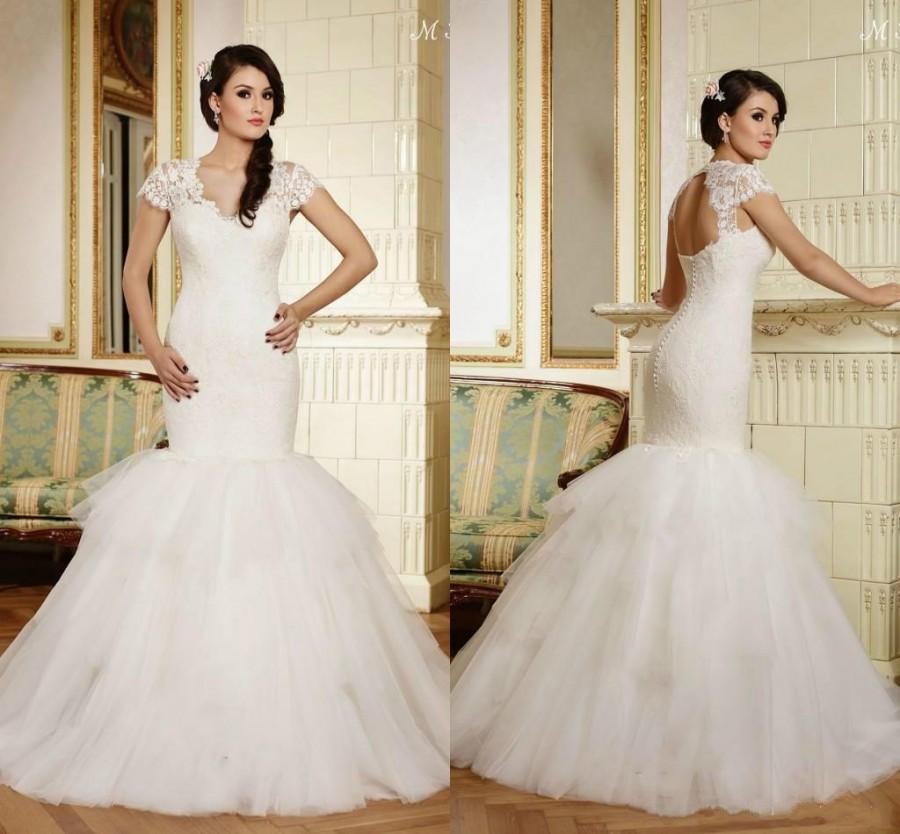 Wedding - Cheap 2015 Maya Modest Mermaid Wedding Dresses V-Neck Hollow Back Cap Sleeves Bridal Dress Gowns With Tulle Skirt Plus Size Sweep Custom Online with $128.17/Piece on Hjklp88's Store 