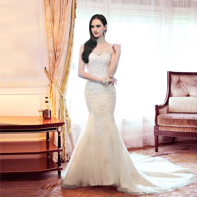 Wedding - Charming Sequins Mermaid 2015 Scoop Beaded Lace Aqqlique Wedding Dresses White Sweep Train Bridal Gowns Organza Backless Illusion Back Online with $129.06/Piece on Hjklp88's Store 