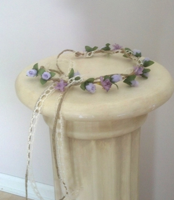Hochzeit - Woodland lavender lace flower crown Wedding party Bridal Accessories twine tie flower girl halo hair garland wreath circlet couronne fleurs