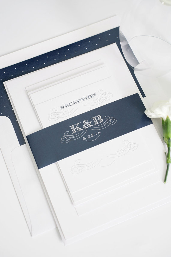 Hochzeit - Navy Wedding Invitation, Blue, Navy Blue, Monogram, Initials, Vintage - Antique Monogram Wedding Invitation in Navy Blue - Sample Set