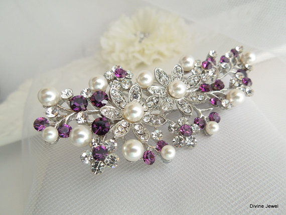 Hochzeit - Bridal Purple Swarovski Crystal Pearl Wedding Comb,Wedding Hair Accessories,Vintage Style Amethyst Leaf Rhinestone Bridal Hair Comb,PAMELA