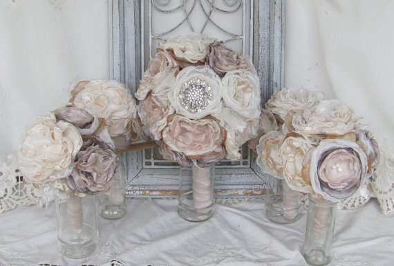Hochzeit - Alternative Bridal  Bouquet Package Rhinestone Brides with 4 Bridesmaids Bouquets