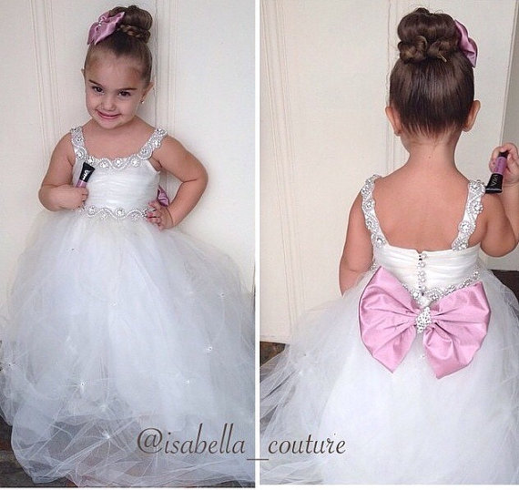 Wedding - Flower Girl Dress - Lace Dress - Big Bow Dress - CAPRI DRESS w/Crystal Straps - Wedding Dress by Isabella Couture